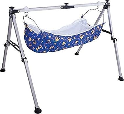 ZUMART Indian Style NRI Stainless Steel Ghodiyu Born Baby Sleep Swing Cradle cot with Hammock, Silver-Black, Set of 1