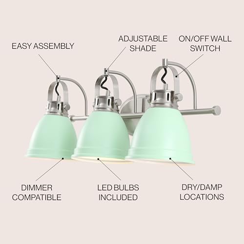 JONATHAN Y 25.5" Mint Green/Nickel 3-Light LED Vanity Light, Adjustable Wall Sconce for Bathroom Mirror, Farmhouse Bohemian Kitchen Light, Iron Black Bell Shade (JYL1116C) by JONATHAN Y - Used condition - Image 2