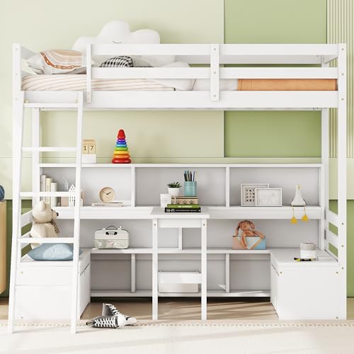 OPAHDN Twin Loft Bed for Kids with Storage Shelves and