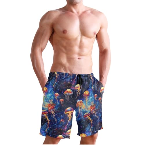 Glowing Jellyfish Print Men's Swim Trunks, Beach Shorts with Inner Lining Quick Dry Board Shorts S3