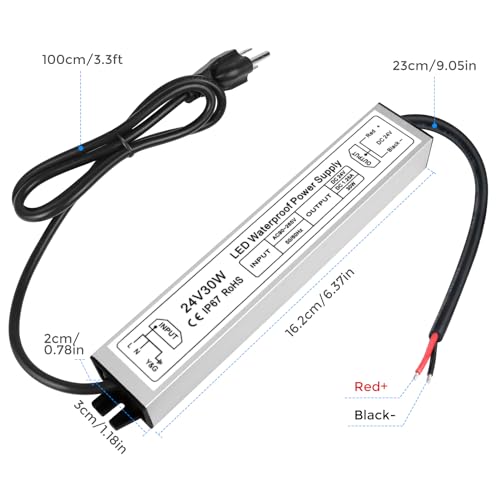 Image of 24V Power Supply 30W, IP67 Waterproof LED Driver Transformer, AC 90-140V to DC 24V 1.25A Converter for Outdoor Landscape Lighting and LED Strip Lights, 3-Prong Plug with 3.3FT Cable