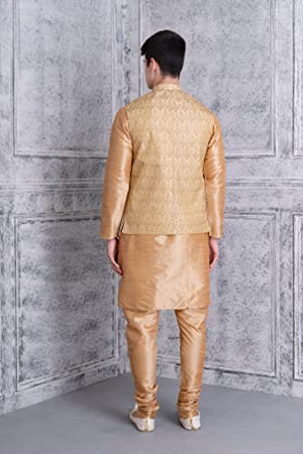 Image of Uri and MacKenzie Men's Silk Blend Regular Kurta Churidar Pyjama with Bundi Nehru Jacket /Waistcoat