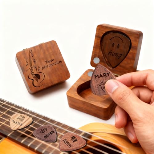 Boîte à Médiator en Bois avec 3 Médiators Personnalisables - Cadeau Unique pour Guitariste, Accessoire pour Guitare Classique et Électrique (Sélection de...