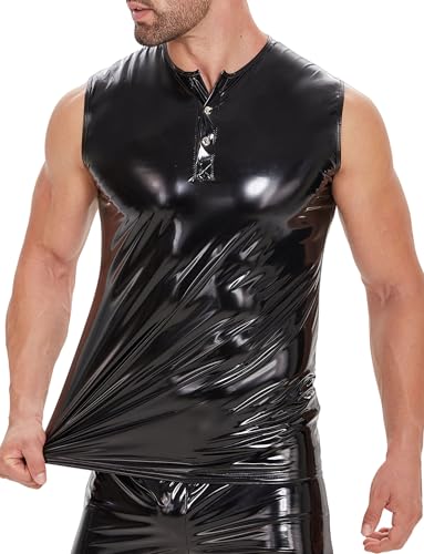 Image of Panegy Men's Liquid Shiny Leather Shirt Jacket Slim Fit Wetlook Party Nightout Club 70s /80s Disco Blouse Tshirt