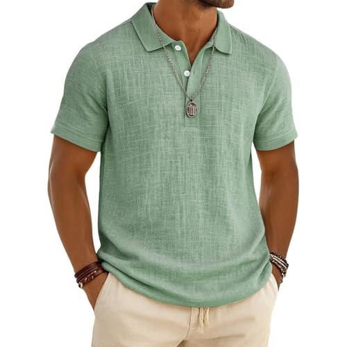 Mens Linen Polo Shirt Short Sleeve Summer Beach Vacation Cotton Linen Shirt Casual Lightweight Button Henley Top 01-Light Green,XXL