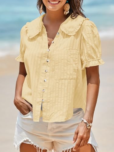 Image of Tankaneo Womens Puff Sleeve Shirts Peter Pan Collar Button Down Cotton Blouse Casual Summer Textured Tops