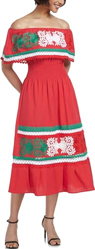 Image of YZXDORWJ Women Embroidered Mexican Peasant Casual Sexy Lace Off-Shoulder Long Dress
