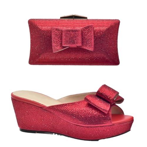 Women's Elegant Italian Butterfly-Knot Shoe and Bag Set with High Wedge Heel Slip-On Closure Square Toe Party Pumps