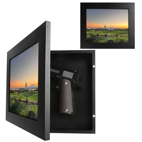 BARGIFTS Hidden Gun Storage for Pistols, Magnetic Lock Quick Access Wooden Picture Frame Safe, Covert Wall Decor & Concealed Gun Safe for Home Office, Black