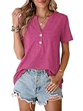 BELAROI Plus Size T Shirts for Women Tops Summer Casual Short Sleeve Henley V Neck Button Up Tunic Loose Fit(4X,D-Rose Red)