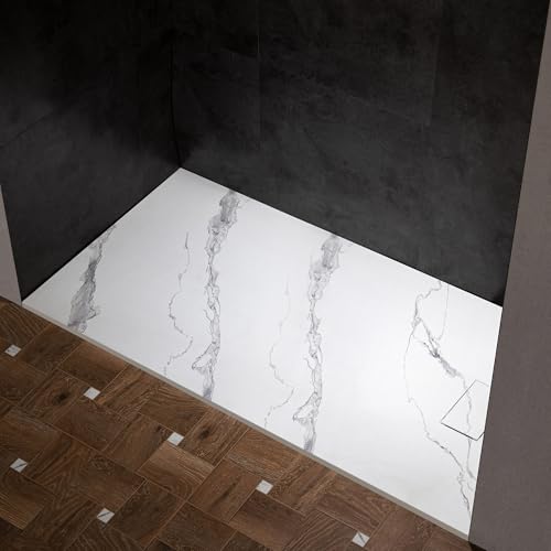 Woodbridge 47.25 in L x 31.5 in W Zero Threshold End Drain Shower Base with Reversible Drain Placement, Matching Decorative Plate and Tile Flange, Wheel Chair Access, Low Profile, Carrara White