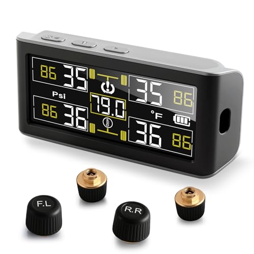 Tire Pressure Monitoring System, RV Tire Pressure Monitoring System with 4 Sensors 0~9.9bar/0~144Psi Auto ON/OFF &Voice Prompt 6 Alarm Modes Tpms Tire Pressure Monitor for Rv/Trailer/Truck/Sedan