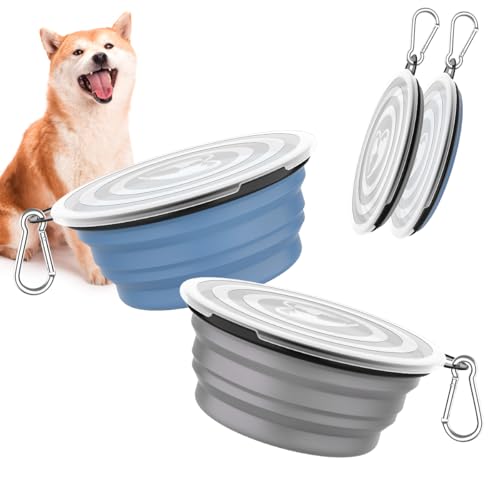 Pawaboo Faltbar Hundenapf, 2 Stück 1000 ml Hund Reisenäpfe Tragbar Silikon Auslaufsicher Trinknapf Fressnapf mit Deckel und Karabiner für Hunde Katzen Spaziergänge Unterwegs, Blau + Grau