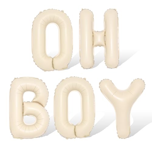 Image of 40inch OH BOY Balloons - Jumbo Cream White Sand Oh Baby Boy Balloon Sign for Backdrop Boho Baby Shower Kid Boys Birthday Gender Reveal Neutral Party Decorations