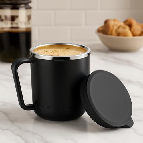 Image of XMART India Insulated Stainless Steel Coffee Mug with Lid - 300ml Double Wall Tea & Milk Mug for Travel, Home, Office, Restaurant Stylish, Leakproof, Drinkware Gifts for Woman,Man (1, Black)