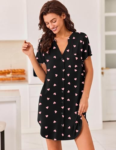 Image of Ekouaer Women V Neck Button Down Nightgown