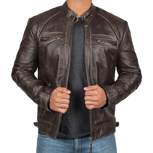 Veste en cuir punk vieilli homme blouson moto vintage col montant