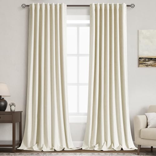 Image of Warm Beige 100% Blackout Linen Curtains for Bedroom 120 Inches Long Back Tab Thermal Insulated Modern Farmhouse Decor Black Out Curtain for Living Room Floor to Ceiling High Window 52x120, 2 Panels