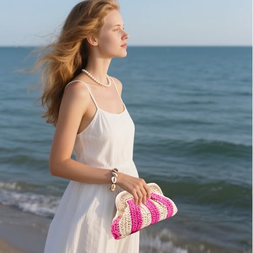 Image of Straw Clutch Purses - Straw Crossbody Bags for Women Woven Purse Beach Handbags Cloud Dumpling Pouch