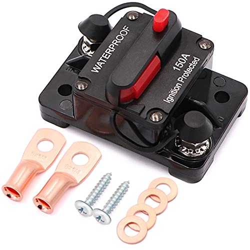 Jeemiter 150 Amp Circuit Breaker with Manual Reset Wire Lugs Copper Washer and Screws for Car Marine Trolling Motors Boat ATV Manual Power Protect for Audio System Fuse, 12V-48VDC