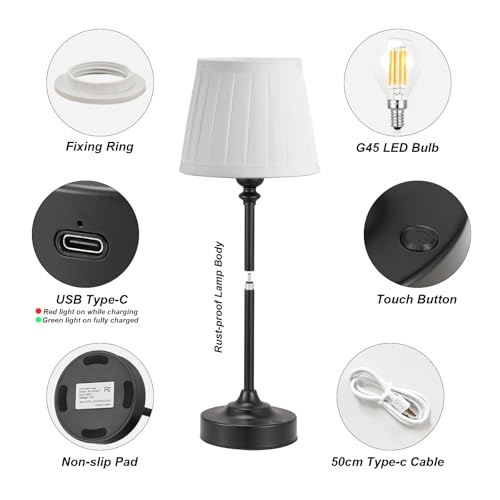 Image of Cordless Table Lamps Rechargeable Set - 2 Pack Black 4000mAH Battery Operated Lamps for Decor, 3000K Stepless Dimming Touch Control Wireless Lamps for Bedroom, Dining Table, Living Room, White Shade