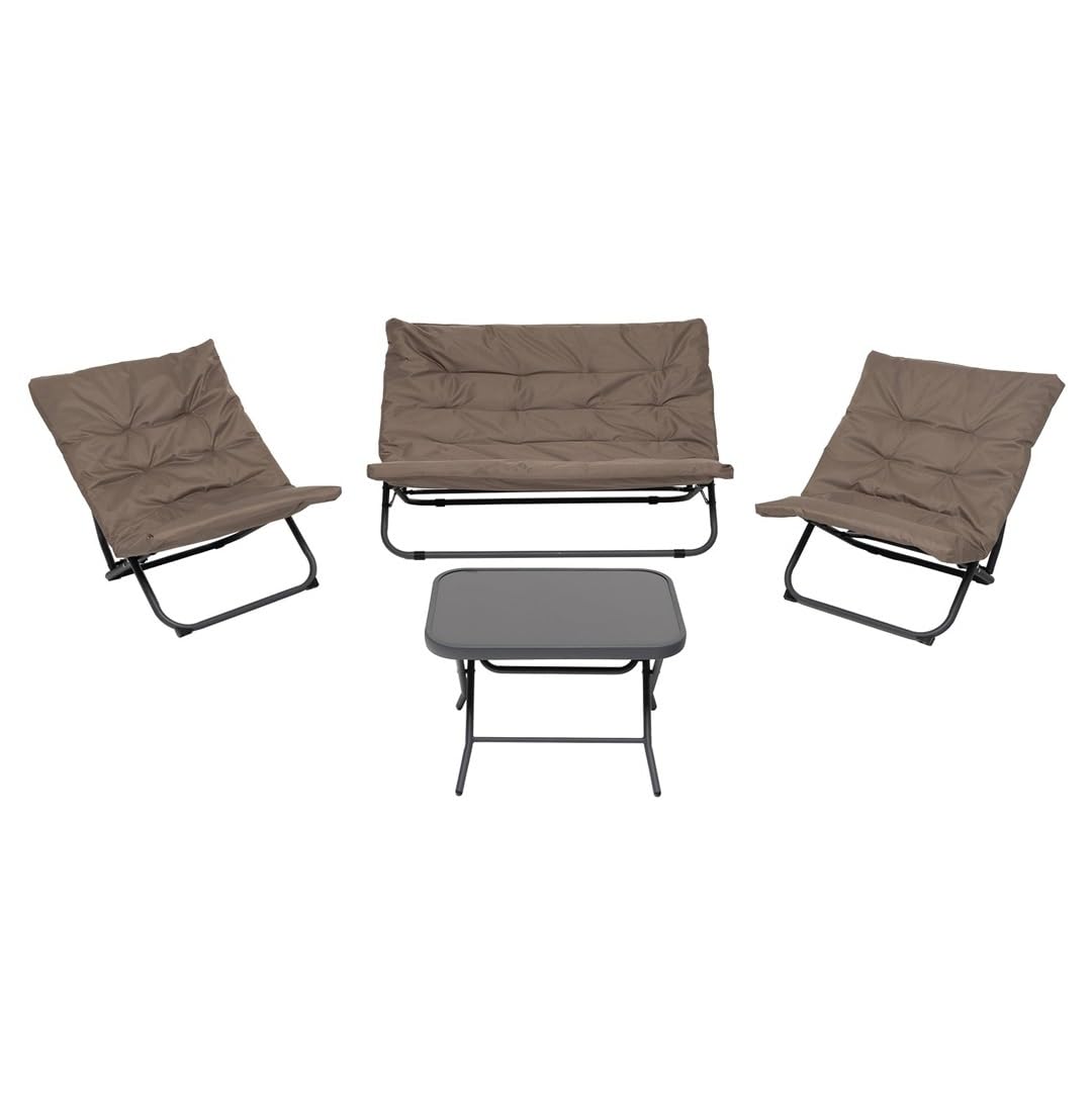 798107 Set 4 Pezzi Salotto Pieghevole, Divano e 2 Poltrone Compreso di Cuscini, Tavolo con Top Vetro 60x40 cm, Salottino per Terrazzo Balcone Giardino Molto Comodo ALTA QUALITA'