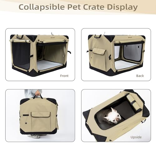 Pettycare 36 Inch Collapsible Dog Crate with Curtains, Travel Dog Crate for Airflow and Calm, Soft Pet Dog Kennel with Portable Bag and More Chew Proof Mesh, Indoor & Outdoor, Beige+4 Door Curtains