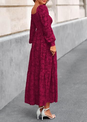 KIRUNDO Wedding Guest Dresses for Women 2026 Fall Long Sleeve Smocked Floral Flowy Spring Baby Shower Maxi Dress Pockets (Burgundy, Medium) — view 2