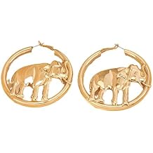 Elephant Hoop Earrings For Women Gold Tone Large Statement Animal Dangle Hoops Lightweight African Safari Inspired Fashion Jewelry Gift