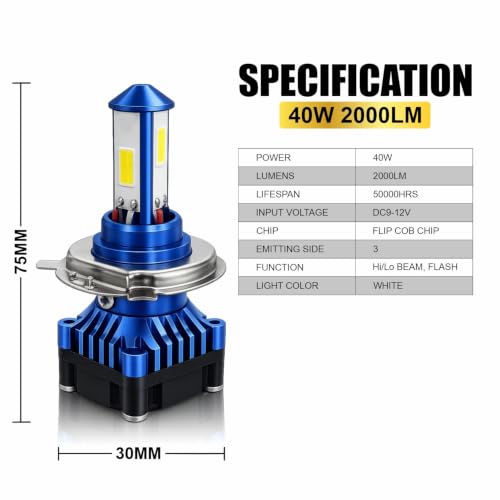 Image of Audio Wheels 40W Motorcycle LED Headlight Bulb H4 H19 - 2000 Lumens 6000K Cool White | IP68 Waterproof | Halogen Replacement | 1-Year Warranty (1 Pack)