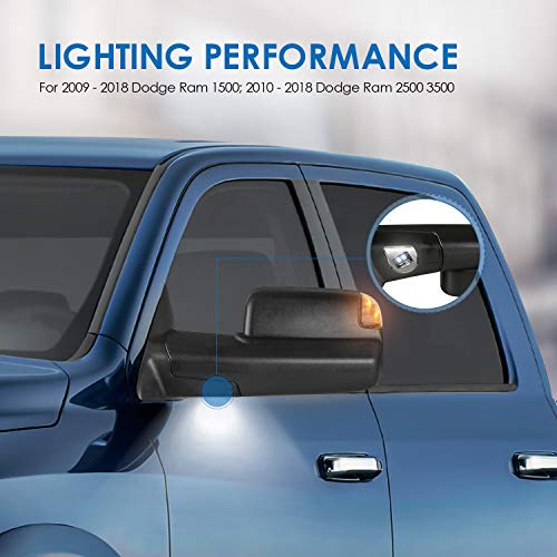 Mostplus Power Heated Mirror Compatible For 2009-2018 Ram 1500 2500 3500/ 2019-2023 Ram 1500 Classic W/Foldaway Led Turn Light, Puddle Lights(Ambient Temperature Sensor Included) #TOP4