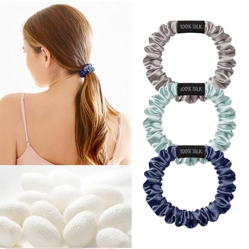Image of THXSILK 100% Mulberry Silk Small Scrunchies 3-Pack, 25 Momme Low Profile Hair Ties for Fine Hair, Sleek No Damage Ponytail Holders for Everyday Use(Grey, Ice Blue, Navy Blue)