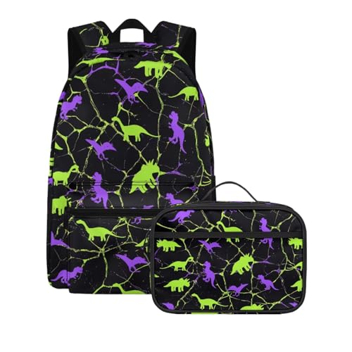 Green Purple Dinosaur Print Dinosaur Pattern Kids Backpack Set 2pcs School Bookbag with Lunch Box for Boys Girls