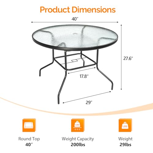 Image of VINGLI 40'' Outdoor Dining Table with Umbrella Hole, All Weather Round Patio Table, Waterwave Tempered Glass Top and Metal Frame, for Garden Porch Balcony Yard