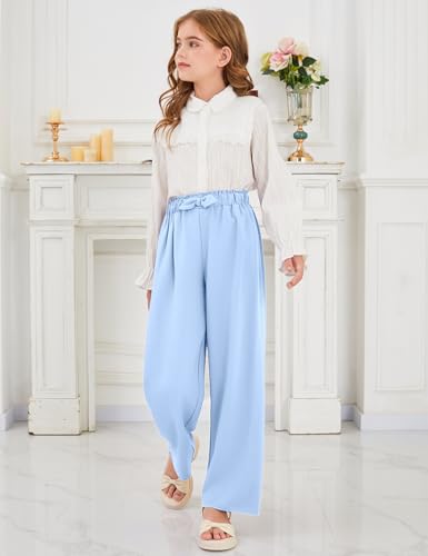 Image of Girls Wide Leg Palazzo Pant Loose Straight Cute Bow Waist Spring Summer Lightweight Dress Pant for Kids 5-14Y