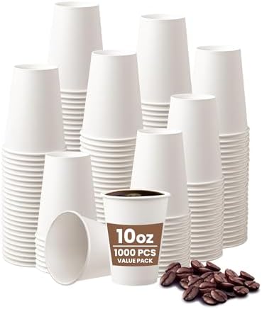 [1000 Pack] 10oz White Disposable Hot Paper Coffee Cups – Leak-Proof, Recyclable, Food Safe to-Go Cups for Tea, Espresso, Hot Chocolate, Office & Events