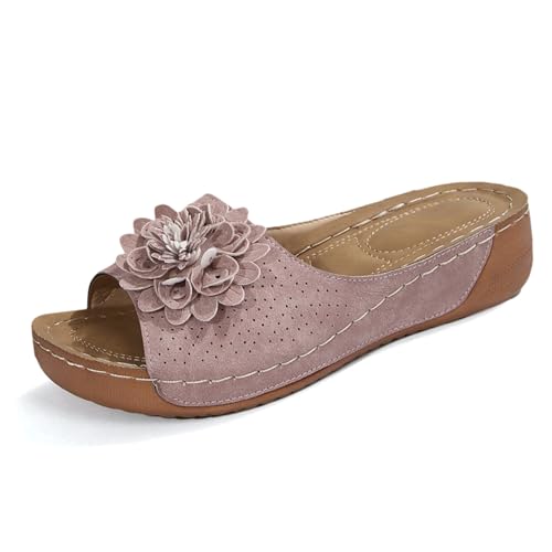 Générique Nu Pieds Femme éTé Confortable,Ces élégantes Chaussures compensées à Bout Ouvert pour Femmes,avec Dessus en Cuir et Chaussons Fleuris,sont...