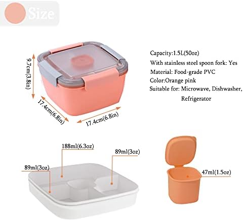 Double Layer Lunch Box, Bento Box with Compartments, Bento Lunch Box with Cutlery and Condiment Box, Large Capacity Salad Box for Adults Children for School Office Work Picnic Travel 1.5L(Pink)