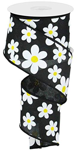 Craig Bachman 2.5" x 10 Yards White Daisy Flower Print on Black Royal Burlap Wired Ribbon, Spring Summer Floral Ribbon for Wreaths, Farmhouse Decor, DIY Bows, RG0193502