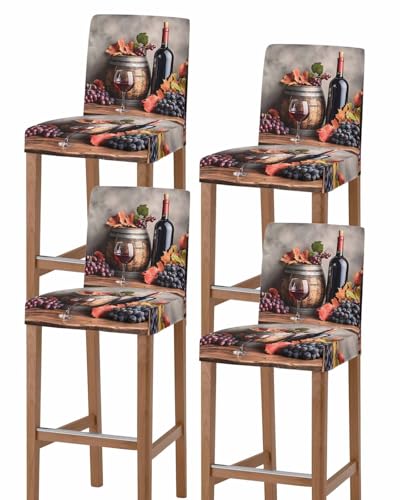 Stretch Bar Stool Chair Seat Covers Set of 4, Purple Grapes Farmhouse Removable Washable Chair Covers Stool Cover, Vintage Cask Maple Leaf Dining Chairs Cushion Slipcovers for Kitchen Pub Cafe