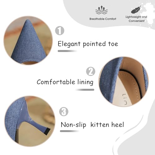 Women's Denim Closed Pointed Toe Kitten Heel Dress Pumps Lightweight Slip-On Comfortable Non-Slip High Heel for Work Party Prom Daily4
