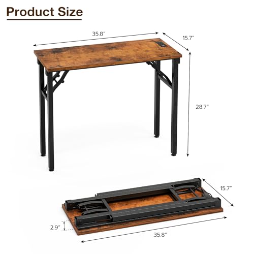 Image of TEMI Small Computer Desk Folding Table - No Assembly, Compact 35.8 inch Foldable Desk with Power Outlets & USB Charging Port, Portable Small Office Desk, Ideal Mini Study Table for Narrow Spaces, Brown