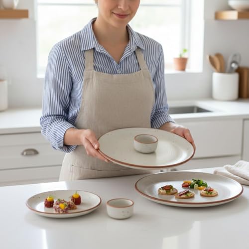 Image of Freakway 3-Piece Ceramic Dinner Set, Speckled White Stoneware with 1 Dinner Plate and 2 Dipping Bowls