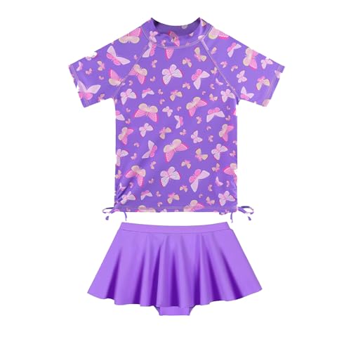 Image of BAOHULU Girls Two Piece Swimsuits Rash Guard Ruffle Bikini Skirt Short Sleeves Beach Dress Swimwear UPF 50+ 3-12Y