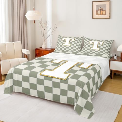 Image of Erosebridal Sage Green Checkered Sheet Set King Plaid Initial T Bed Sheets Personalized Monogram Bedding for Kids Boys Girls,Fashion Grids Gingham Bed Sheets Set 4 Piece