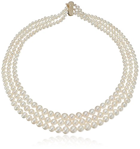 14K Yellow Gold Graduated 4-8.5Mm White Freshwater Cultured 3-Rows Pearl Strand, 16" #TOP4