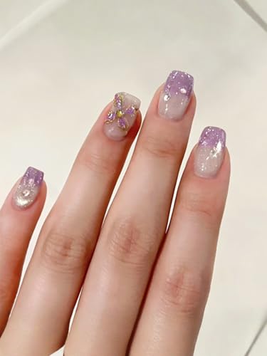 Image of Secret Lives Purple Gradient Artificial Press-On Nails - Short Square False Translucent Nail Extensions with 3D Flower Design 24-Pieces Set with Kit