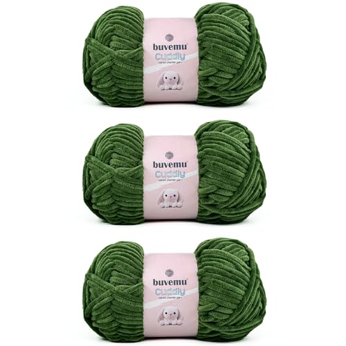 Image of Cuddly Velvet Chenille Yarn, Super Soft Fluffy Bulky for Knitting Crocheting Blanket Amigurumi, Durable for Shedding, 100 Gram (3.53 Ounces) 109 Yards (100 Meters) (Green) (3 Skeins)