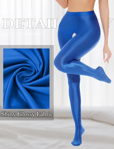 Image of FEOYA Women's Open Crotch Oil Shiny Pantyhose High Waist Control Top Silky Oily Crotchless Footed Tights Stockings