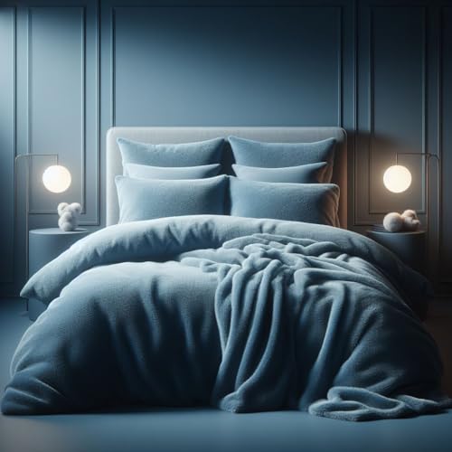 Comfort Collections - Juego de funda nórdica de forro polar tipo peluche, supersuave y cálida, con fundas de almohada. Tamaño doble, aproximadamente 200 x 200 cm, azul medio